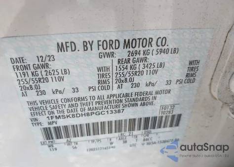 2023 Ford Explorer Xlt из США, поврежденный, VIN 1FMSK8DH8PGC13387